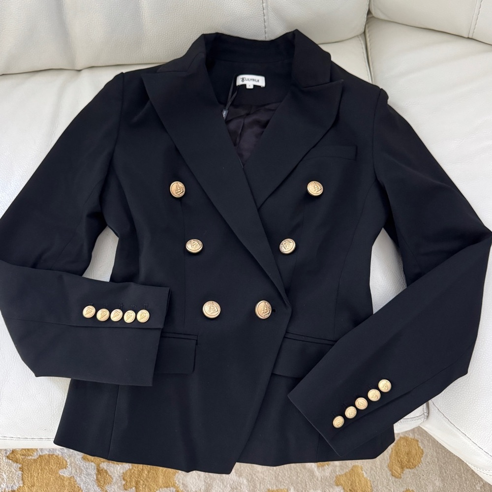 Tailored double-breasted Blazer with Gold Accents. 100% silk lining.